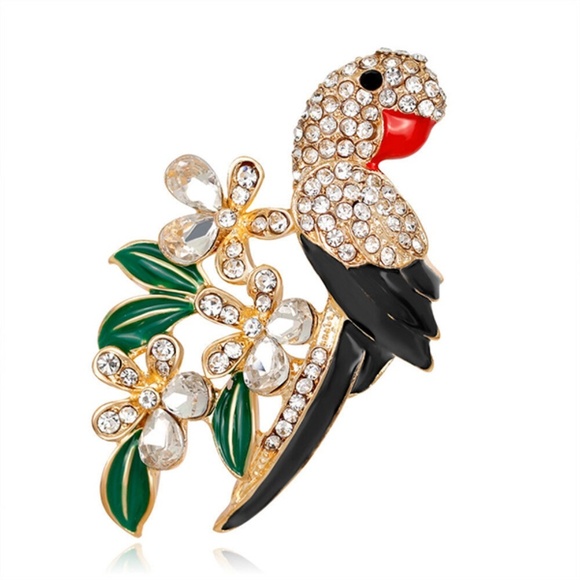 Parrot Brooch Pin Back Crystal Rhinestone Leaves Branches - Pin Back- Detailed - Picture 6 of 7